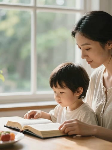 A warm family breakfast scene, morning window light casting a soft glow, a mother and young child reading an open Bible together, shallow depth of field, candid editorial style