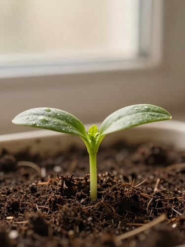 Close-up of a young green seedling sprouting from rich dark soil, soft morning daylight, shallow depth of field, warm organic tones.