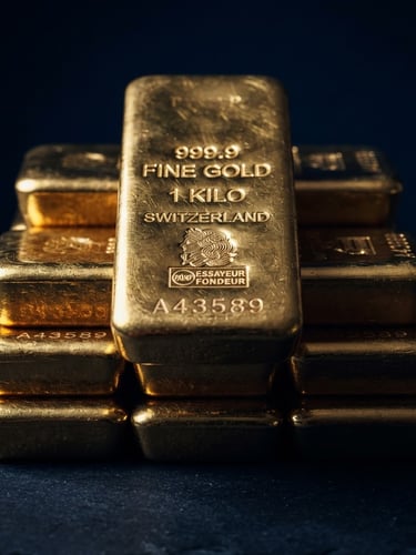 Macro photograph of high-purity physical gold bullion bars stacked neatly, dramatic low-key lighting, reflective golden surface, deep midnight blue shadows, editorial studio photography