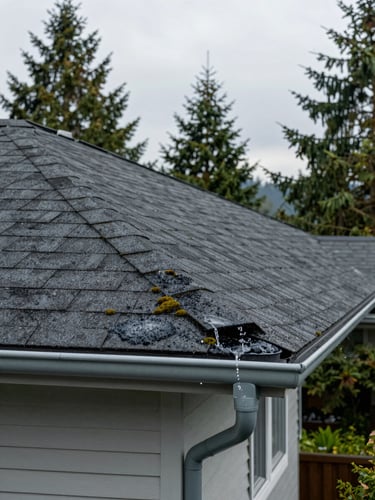 Ground-level wide shot looking up at a residential roofline and gutter in Nanaimo, BC, overcast daylight, dark asphalt shingles with moss removal visible, clear water running from clean downspout, surrounding fir trees in soft background, no people or equipment