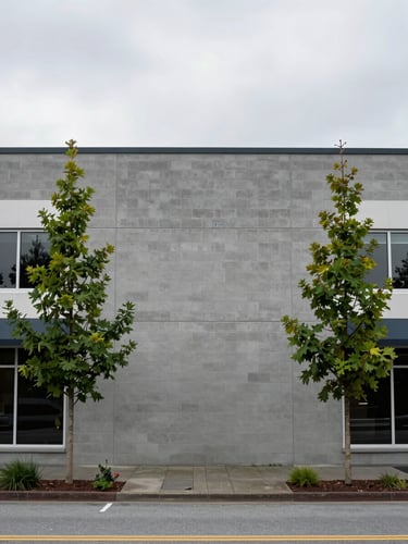 Wide environmental shot of a single-storey commercial building facade in Parkville, BC, overcast morning light, clean grey concrete block wall, small street trees in foreground, straight-on elevation view, no signage text, no people or equipment visible