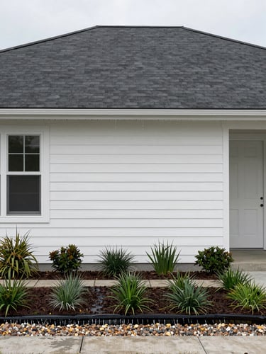 Straight-on elevation of a residential home exterior in soft overcast daylight, dark grey roof visible at top, clean white fascia and siding, surrounding garden beds with low ground cover intact and undisturbed, water running clear off the eave edge into a gravel border