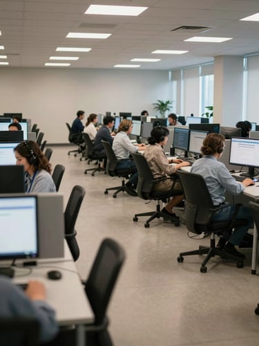 Wide shot of a call center operations floor from a low angle, rows of agents at workstations with monitors lit, diverse team members visible mid-conversation, soft fluorescent fill matching daylight, documentary realism, depth of field showing scale
