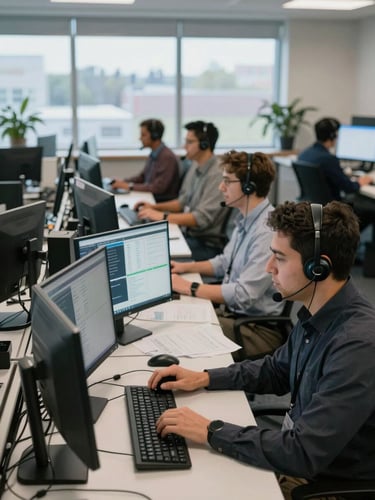 Wide shot of a Canadian call center operations floor, agents at workstations wearing headsets, monitors glowing with call management dashboards, diverse team members mid-conversation under soft office daylight from north-facing windows, emphasis on focus and scale