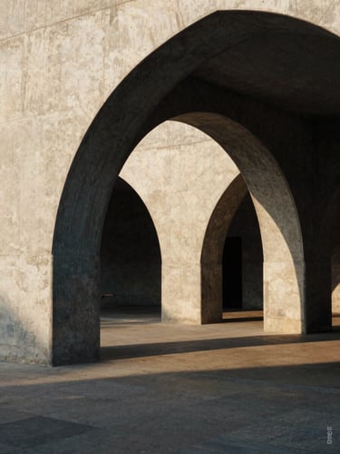 A high-contrast minimalist architectural perspective of modern concrete arches in Hyderabad, casting sharp geometric shadows under warm sunlight, 35mm film.