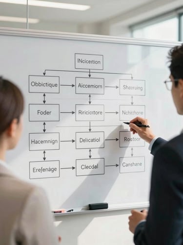 Over-the-shoulder view of two corporate executives whiteboarding a system architecture in a clean, modern Tallahassee office. Bright, natural daylight.