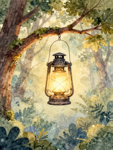 A whimsical watercolor illustration of a glowing lantern hanging from a mossy oak branch in a magical forest, soft golden hour light, fairy dust sparkles