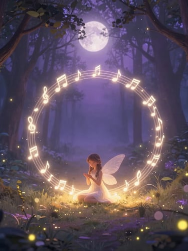 Close-up of a beautifully illustrated children's music book open on a wooden table, showing simple musical notes and watercolor fairy drawings.