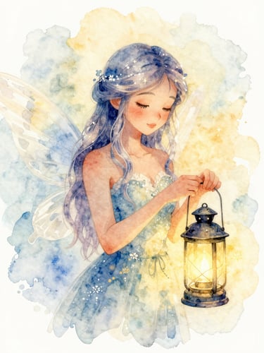 Watercolor portrait of Aurelia Frostbloom, a gentle winter fairy with soft wings, holding a glowing lantern, magical golden-hour light
