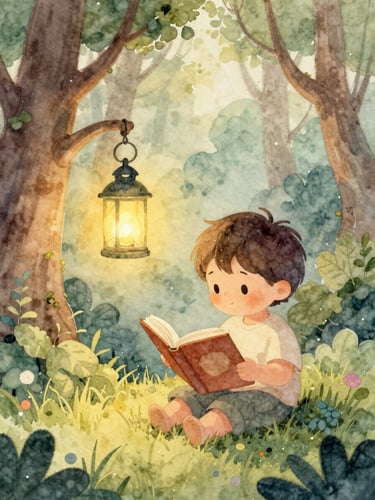 A cozy watercolor illustration of a young child reading a book under a glowing lantern in a magical forest, soft pastel tones, golden-hour glow