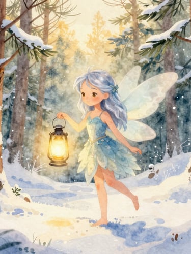 Watercolor illustration of Aurelia Frostbloom, a gentle fairy with silver-blue hair and soft wings, holding a glowing lantern in a snowy pine forest, warm golden-hour light