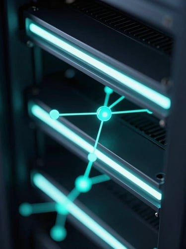 Close-up of modern server hardware, low-key moody dark-room lighting with sharp, directional teal and white neon highlights