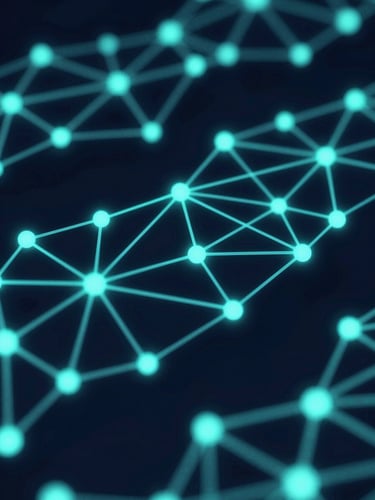 Abstract 3D render of glowing teal network nodes, dark navy background, macro depth of field, clean tech aesthetic, sharp directional highlights