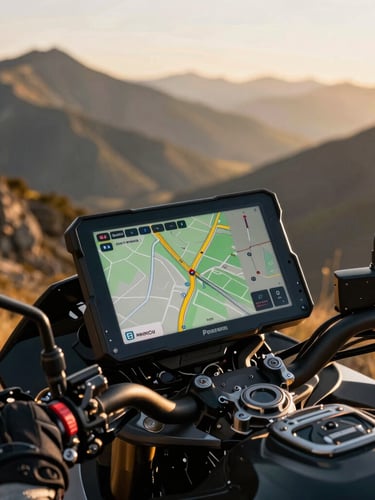Close-up editorial photograph of premium motorcycle gear and a digital navigation screen showing a detailed route map on a tank bag, morning light.