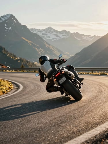 Low-angle dynamic shot of a premium touring motorcycle leaning into a sharp, clean asphalt hairpin turn in the Swiss Alps, crisp morning light casting long shadows, majestic peaks in background