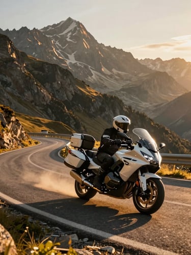 Low-angle dynamic shot of a premium touring motorcycle carving through a sweeping Alpine switchback at golden hour, dramatic mountain peaks in the background.