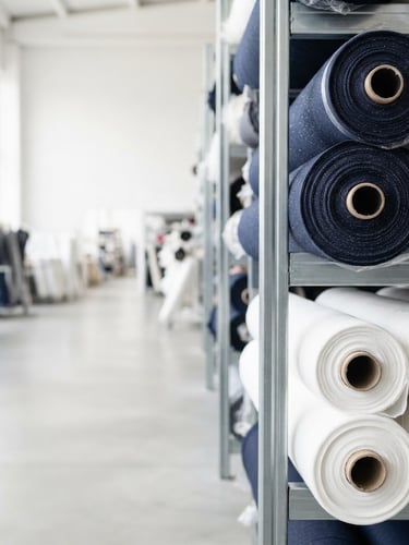 Structured rolls of premium navy blue and white cotton fabric in a clean, modern warehouse, bright neutral daylight, high clarity, right side framed, expansive space to the left.