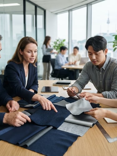 Professional team of textile engineers and logistics experts in a modern, clean office environment in Seoul, looking at fabric samples, bright neutral daylight, structured composition.