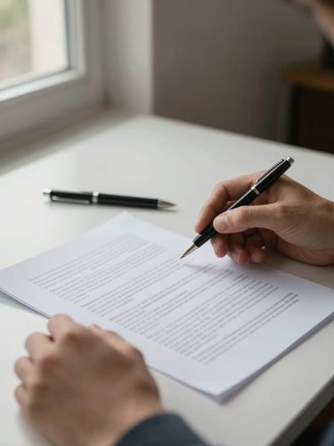 Close-up of two hands reviewing a printed document on a plain desk, natural window light from the left, a pen resting beside the papers, no faces visible, quiet and unhurried atmosphere