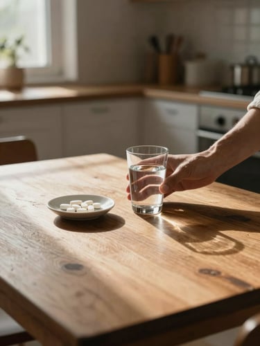 Wide environmental shot of a quiet home kitchen in early morning light — a caregiver's hands setting a glass of water and a small dish of tablets on a worn wooden table, soft window light from the left casting long shadows across the grain, no faces visible, muted warm tones