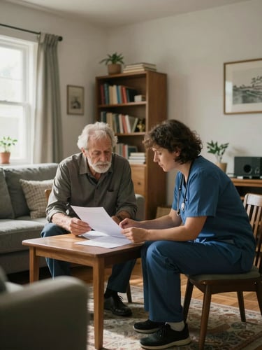 Wide environmental shot of a sitting room in soft afternoon light, a caregiver seated beside an older adult at a small table, both looking at papers in front of them, neither facing the camera, bookshelves and a window visible in the background, lived-in and unposed