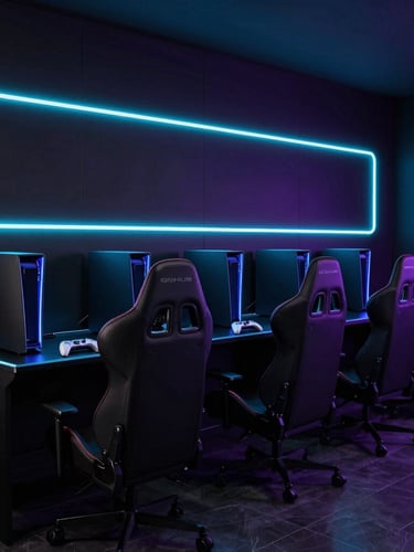Sleek low-key ambient view of GGHUB gaming lounge, matte black walls, sharp neon cyan LED strips framing five custom-tuned PlayStation stations, premium racing seats, 35mm lens