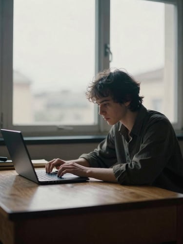 A moody editorial portrait of a writer at a wooden desk near a large window, soft overcast daylight casting deep shadows, desaturated cool tones with warm cream undertones, 35mm film grain.