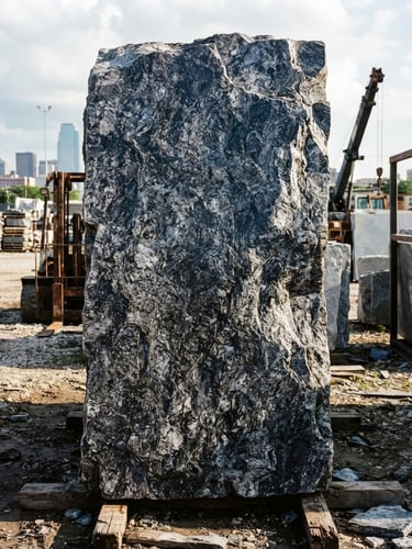 Wide panoramic shot of a raw, thick granite slab in a Dallas yard, high contrast natural light, deep navy and silver tones, emphasizing texture and scale.