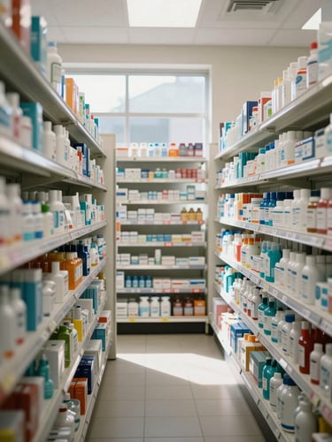 Wide shot from inside a neighborhood pharmacy, natural window light flooding organized shelves stocked with hygiene and personal care products, clean white fixtures, no people, shot at shoulder height showing the aisle receding into the store