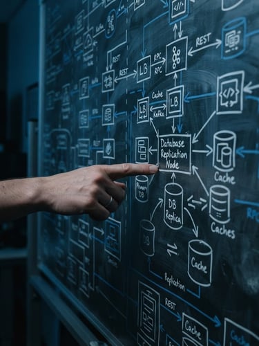 Close-up of a physical whiteboard with complex system architecture diagrams, hand pointing to a database replication node, low-key blue studio lighting
