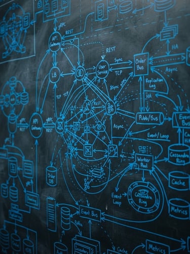 Macro shot of a physical whiteboard covered in complex distributed systems architecture diagrams, dark slate background, sharp electric blue dry-erase marker lines, low-key technical studio lighting, 35mm lens.