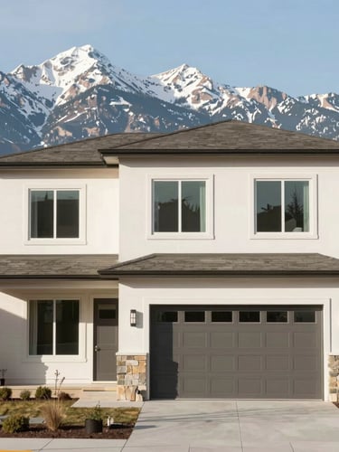 A modern suburban home exterior in Denver with clean architectural lines, bright natural daylight, and the snow-capped Rocky Mountains visible in the background, 35mm.