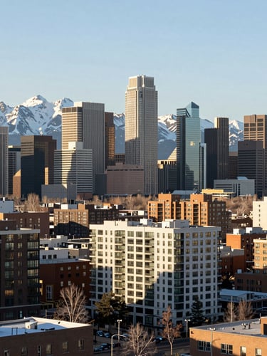 Wide-angle editorial photograph of the Denver skyline with snow-capped Rocky Mountains in the far background, crisp morning light, high-end residential architecture in the foreground, 35mm.