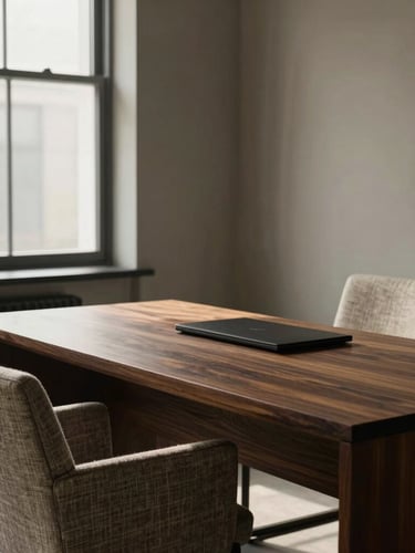 Minimalist consultation office with soft directional window light illuminating a dark oak desk and textured linen chairs, quiet luxury atmosphere