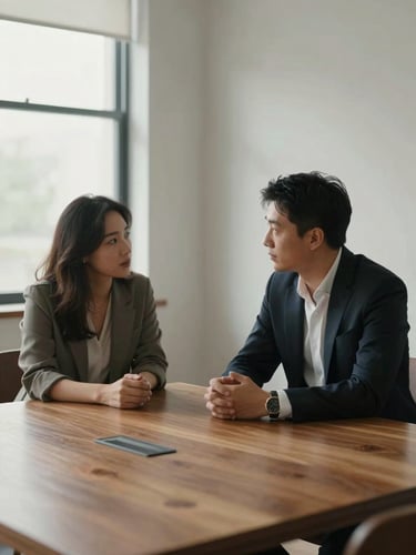 Two professionals in quiet, focused dialogue across a wooden table in a high-end minimalist office, soft window light, natural tones.