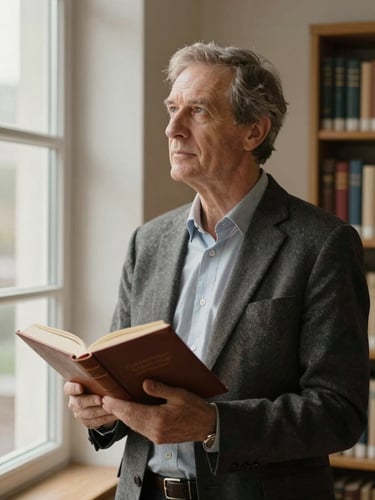 Cinematic portrait of an academic mentor in a soft-lit, minimalist library, holding a leather-bound book, warm directional window light, thoughtful expression.