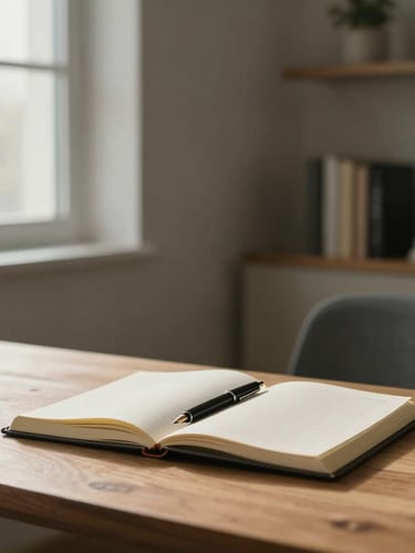 Cinematic medium shot of a modern, minimalist study room with soft directional window light illuminating a wooden table, an open journal, and a fountain pen