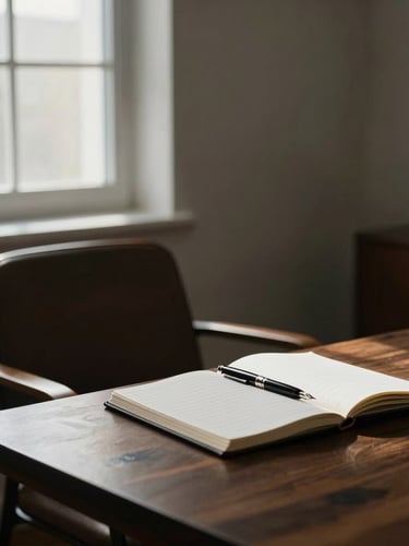 Quiet, minimalist study room with soft directional window light. A leather chair sits empty beside a dark wood table with open notebooks and a fountain pen, casting subtle shadows.