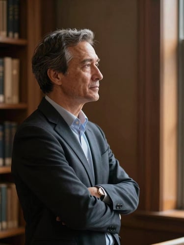 Cinematic side-profile of a focused professional mentor in a warm, wood-paneled library, soft window light highlighting thoughtful expression, negative space on the right.