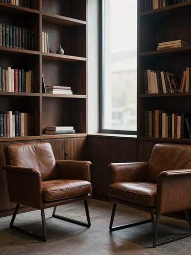 A quiet, minimalist consultation office with dark wood bookshelves, soft window light, and two empty leather chairs facing each other in quiet dialogue.