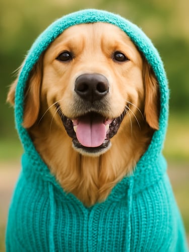 A cheerful golden retriever wearing a bright teal knitted hoodie, looking directly at the camera with a happy expression, bright natural daylight, soft background