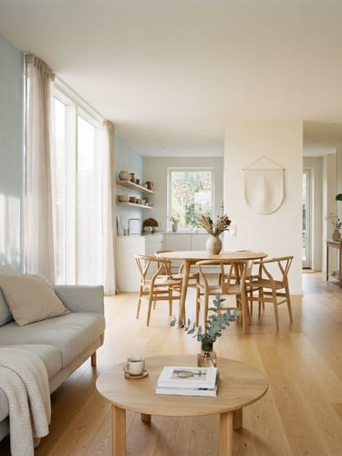 Airy minimalist home interior with distinct living zones, soft morning window light casting gentle shadows on pale blue and warm white walls, 35mm lens.
