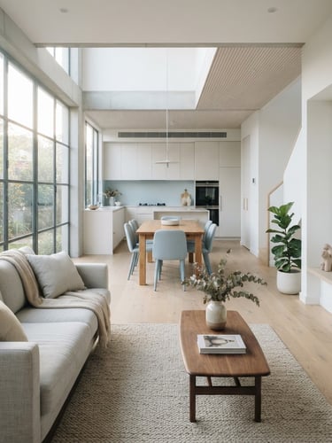 Bright architectural interior showing a modern home with distinct, light-filled spatial zones, soft morning window light, clean minimalist composition.
