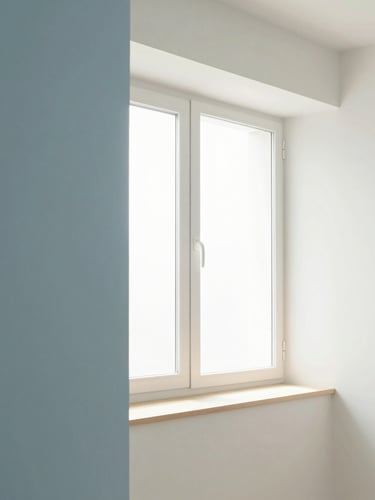 Airy minimalist interior showing distinct zones of a home, soft morning window light, pale blue and warm white tones, clean architectural composition