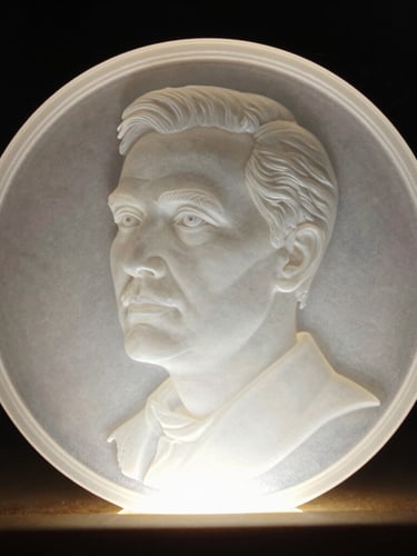 Macro shot of a 3D printed lithophane plate held against warm backlighting, showing a highly detailed portrait glowing through the translucent white plastic layers, dark background, 35mm lens
