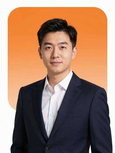 Professional portrait of a male e-commerce consultant in a dark navy suit, confident expression, soft orange rim lighting, editorial corporate photography