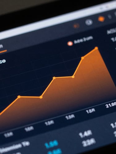 Macro shot of a high-contrast e-commerce dashboard showing growth graphs on a dark screen, subtle orange and blue ambient rim lights, sharp studio lighting, 35mm