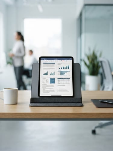 Straight-on eye-level shot of a clean minimalist office desk with a tablet displaying a structured document, bright neutral daylight, crisp cool tones, 35mm