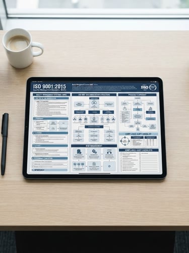 Straight-on eye-level flat-lay of a tablet displaying structured ISO compliance documents on a clean minimalist office desk, bright neutral daylight, crisp cool tones, sharp focus, 35mm