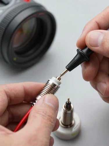 Macro close-up of a technician's hands using a digital multimeter to test the electrical resistance of a ceramic stove igniter, bright utility lighting, crisp focus on the metal components.